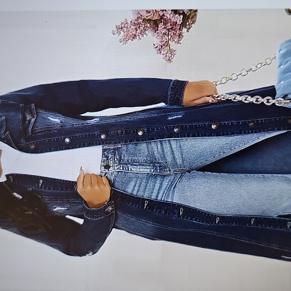 Only Jeans Jackets & Blazers - New Only Jeans Women's Long Ripped Button Up Denim Dark Blue Jacket XL